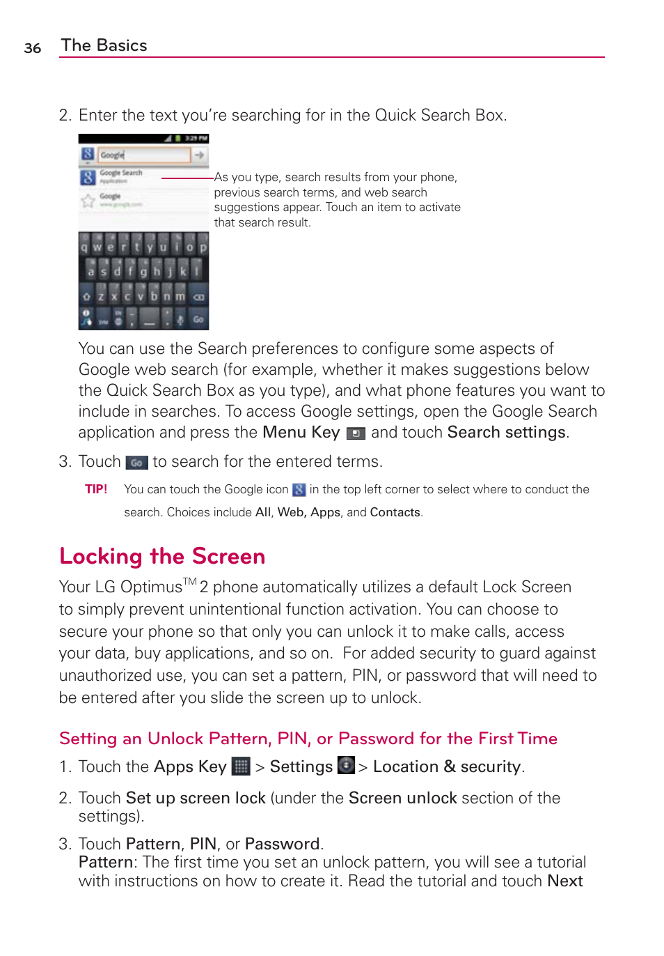 Locking the screen, The basics | LG AS680 User Manual | Page 38 / 182