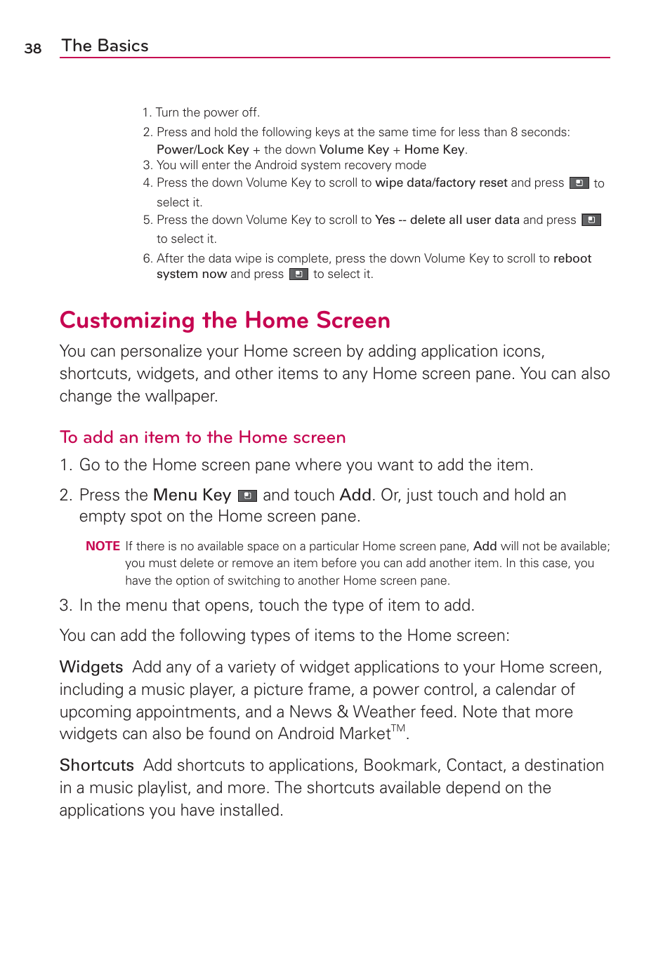 Customizing the home screen, The basics | LG AS680 User Manual | Page 40 / 182
