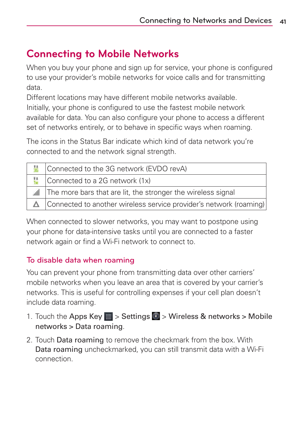 Connecting to networks and devices, Connecting to mobile networks | LG AS680 User Manual | Page 43 / 182