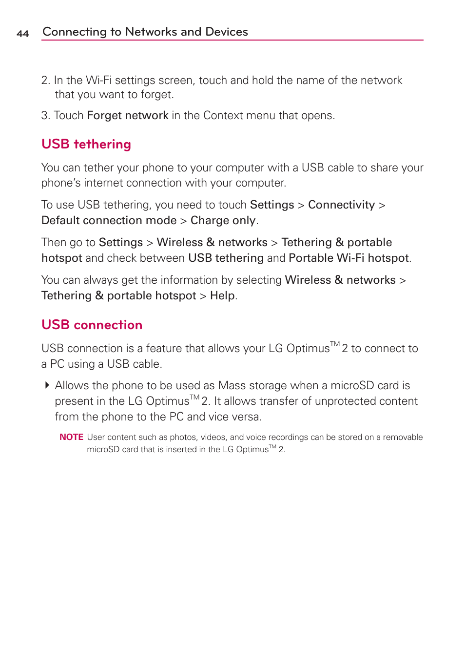 Usb tethering, Usb connection, Connecting to networks and devices | LG AS680 User Manual | Page 46 / 182