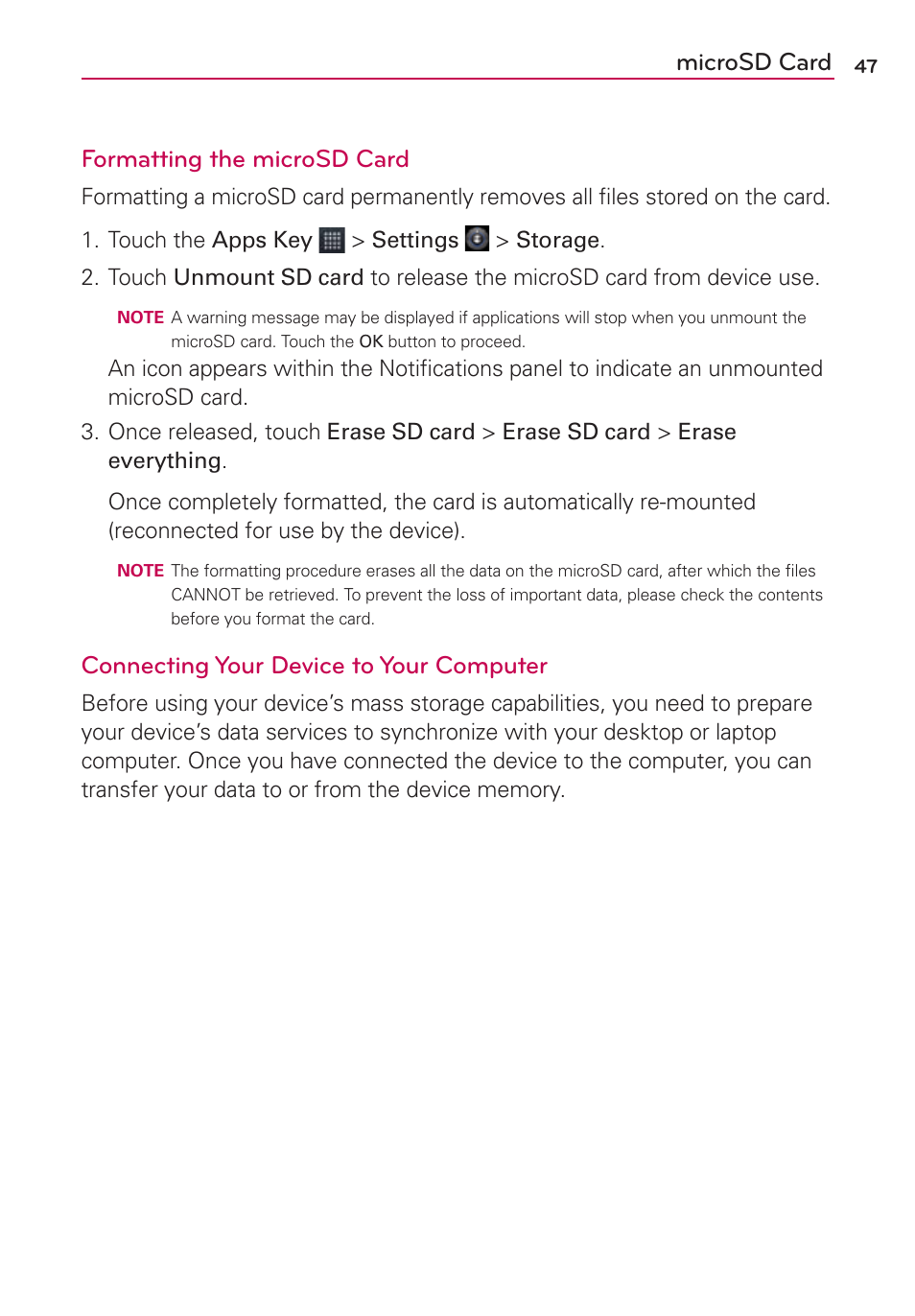 Microsd card formatting the microsd card, Connecting your device to your computer | LG AS680 User Manual | Page 49 / 182