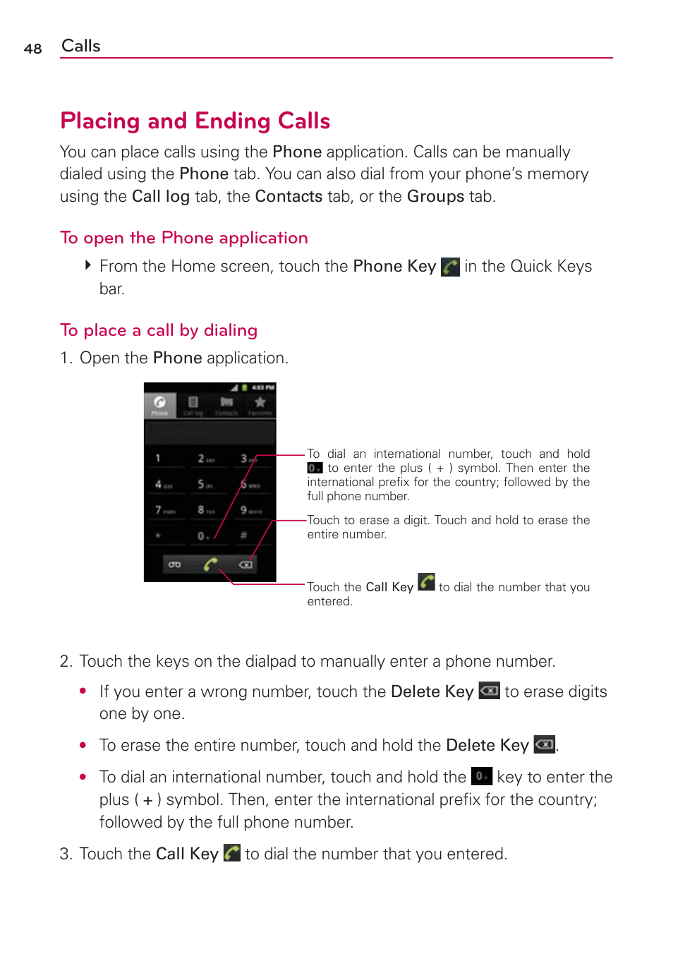 Calls, Placing and ending calls | LG AS680 User Manual | Page 50 / 182