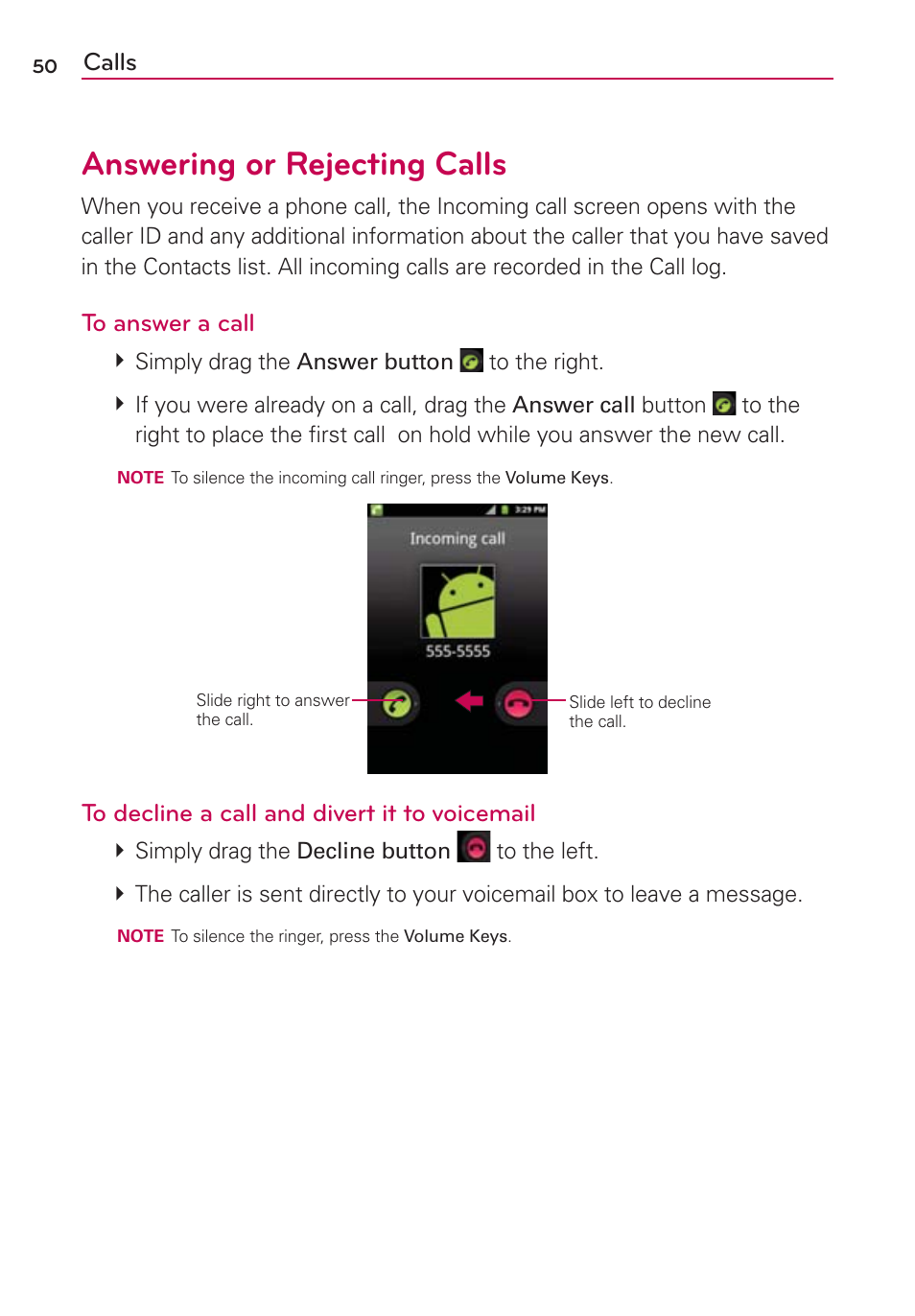 Answering or rejecting calls, Calls | LG AS680 User Manual | Page 52 / 182