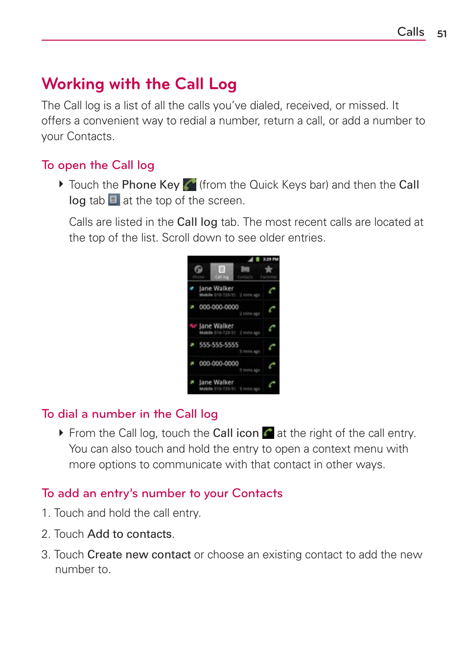 Working with the call log | LG AS680 User Manual | Page 53 / 182