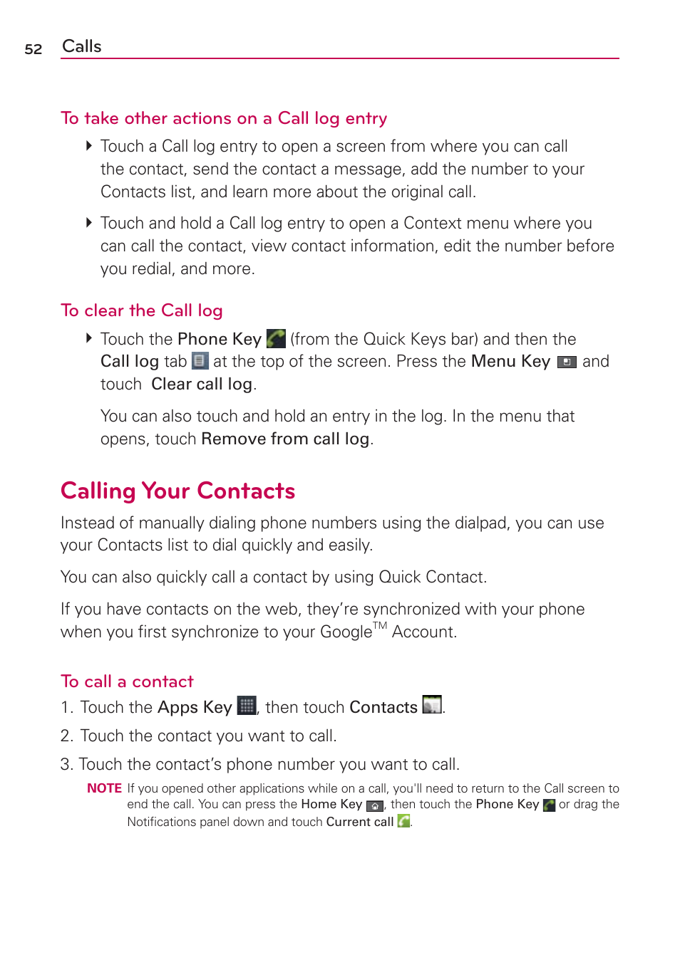 Calling your contacts, Calls to take other actions on a call log entry | LG AS680 User Manual | Page 54 / 182