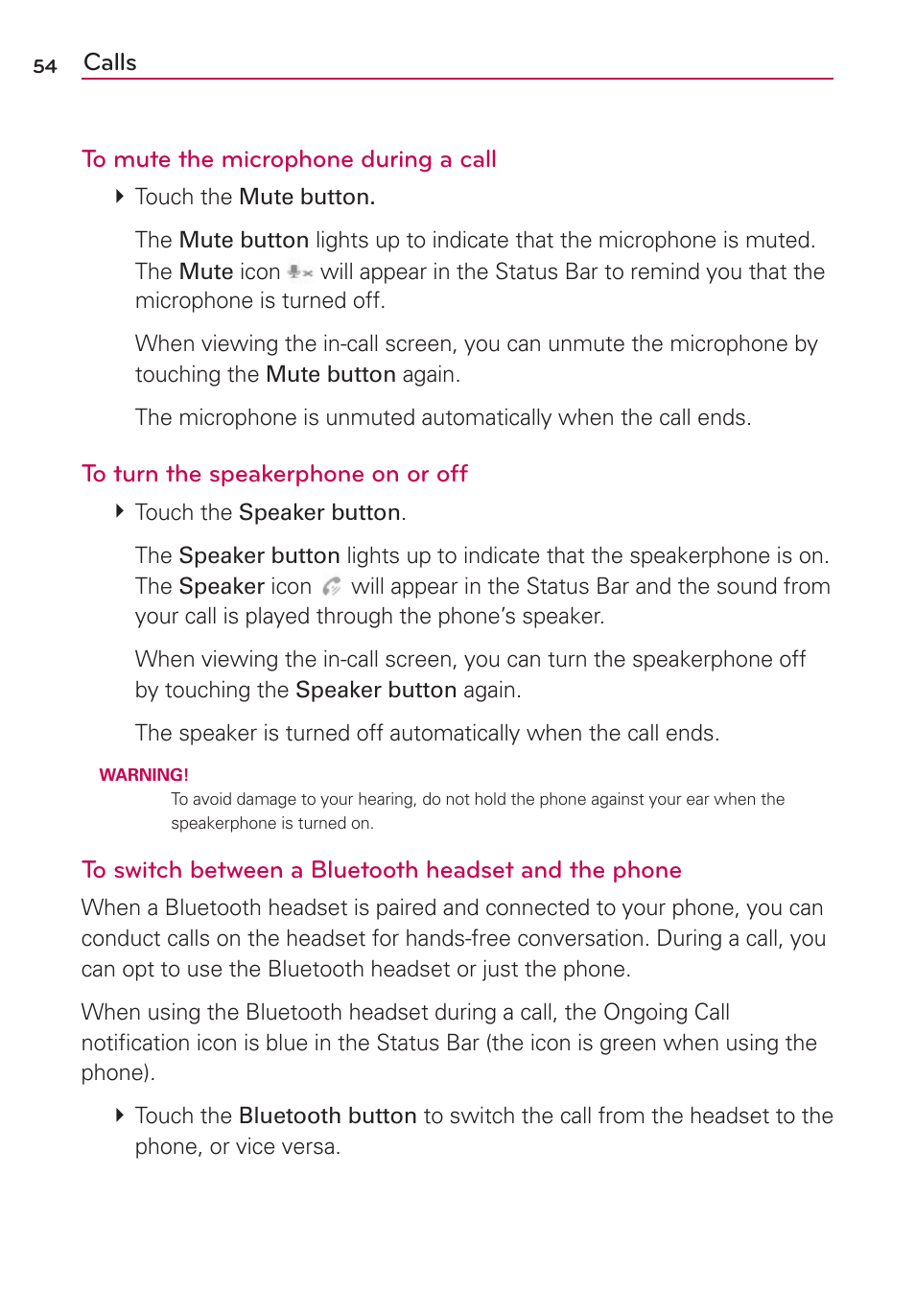 Calls to mute the microphone during a call | LG AS680 User Manual | Page 56 / 182