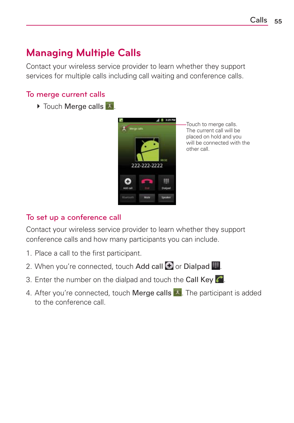 Managing multiple calls | LG AS680 User Manual | Page 57 / 182