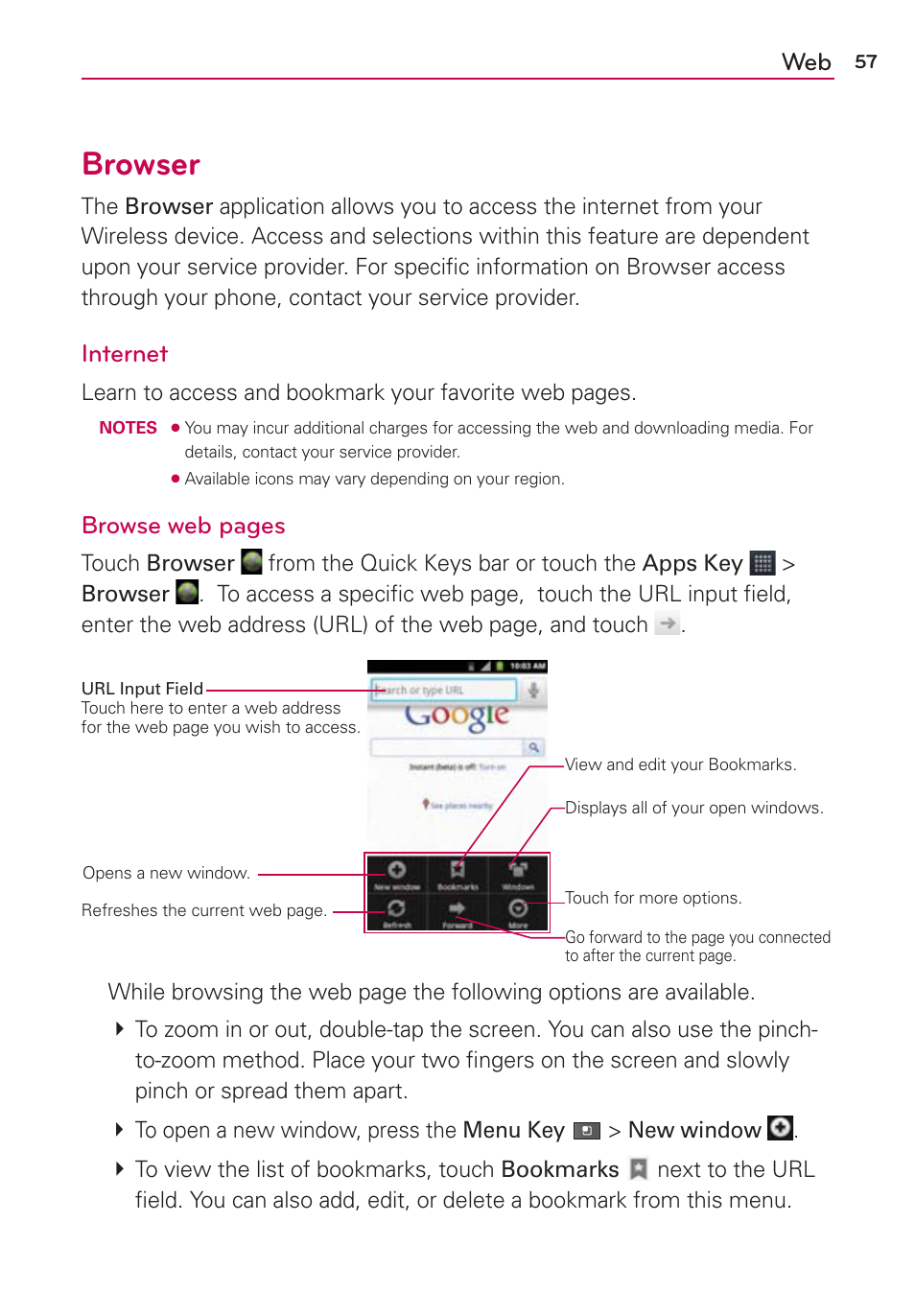 Browser, Internet, Browse web pages | LG AS680 User Manual | Page 59 / 182