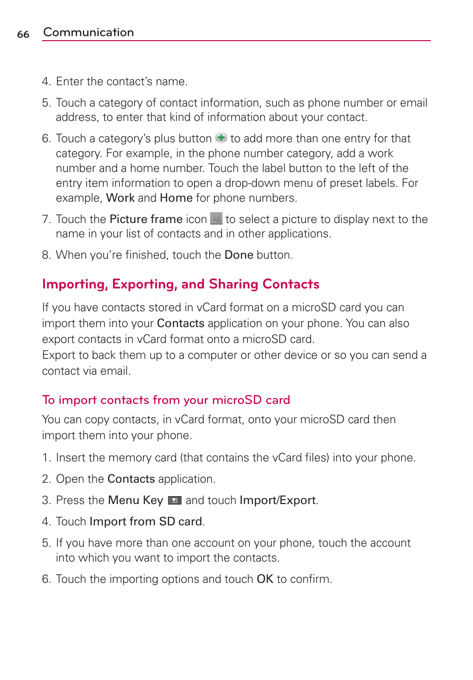 Importing, exporting, and sharing contacts | LG AS680 User Manual | Page 68 / 182