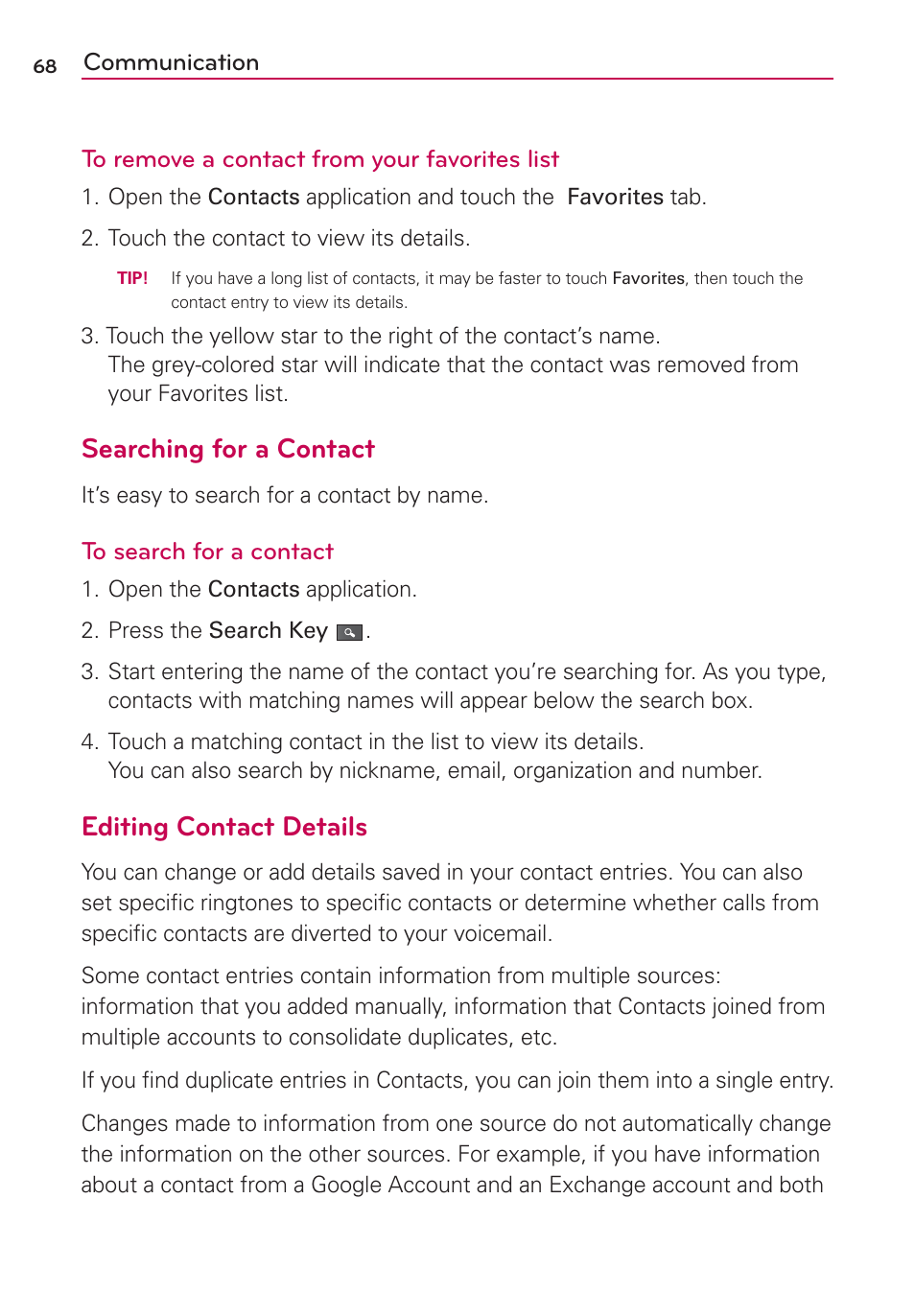 Searching for a contact, Editing contact details | LG AS680 User Manual | Page 70 / 182