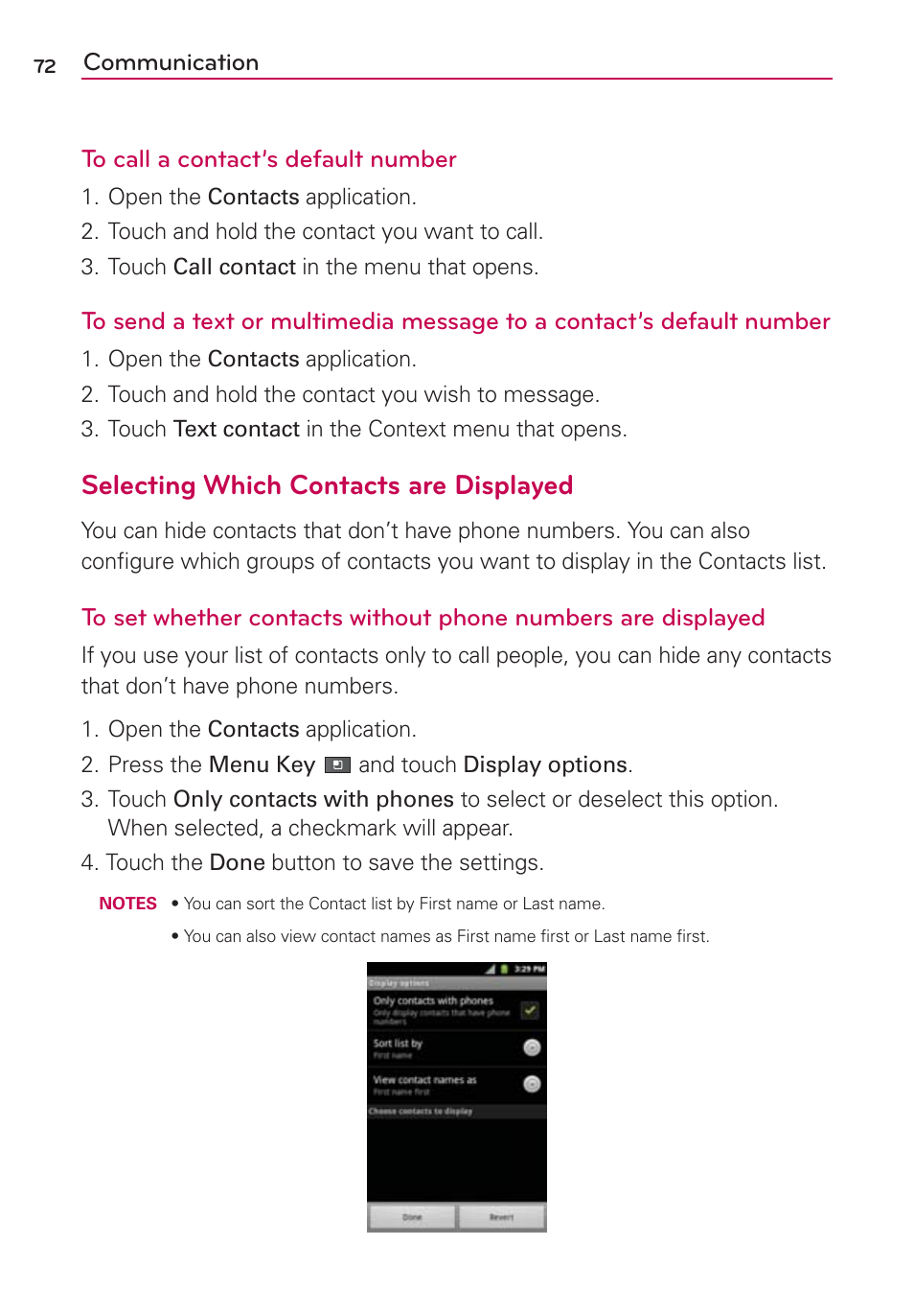 Selecting which contacts are displayed, Communication to call a contact’s default number | LG AS680 User Manual | Page 74 / 182