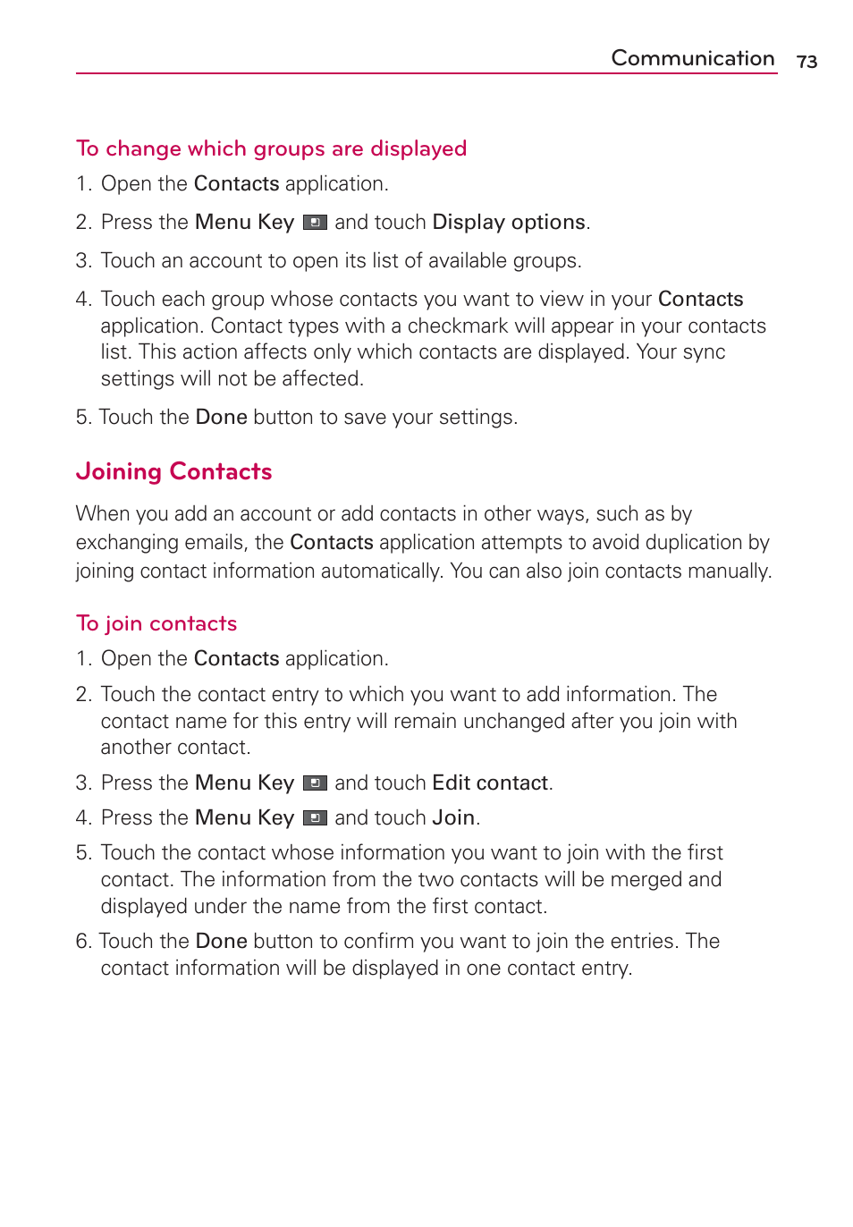 Joining contacts | LG AS680 User Manual | Page 75 / 182