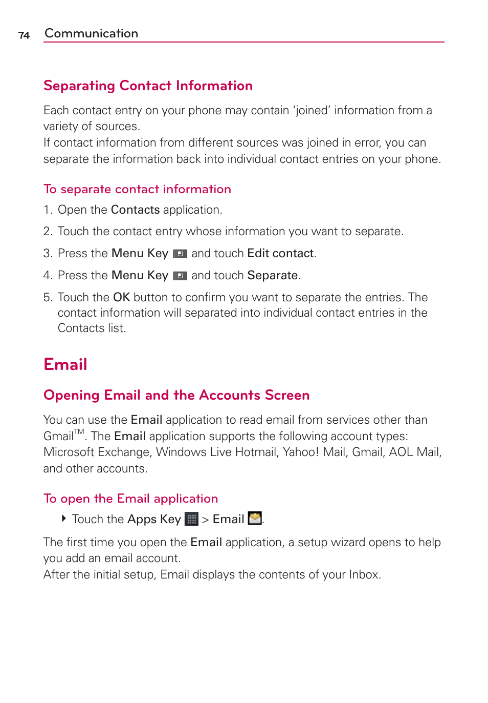 Email, Separating contact information, Opening email and the accounts screen | LG AS680 User Manual | Page 76 / 182