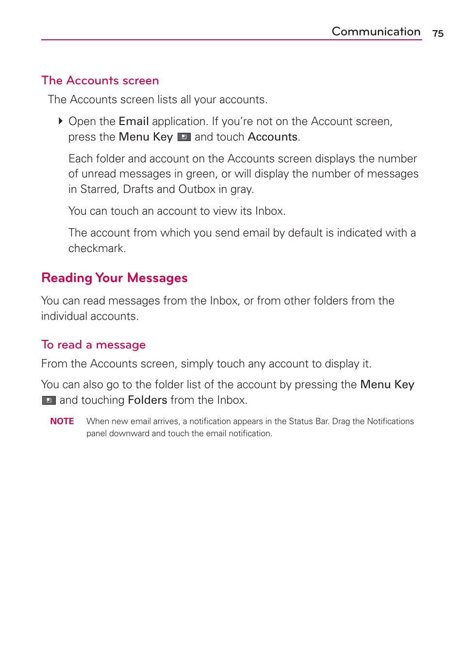 Reading your messages, Communication the accounts screen | LG AS680 User Manual | Page 77 / 182