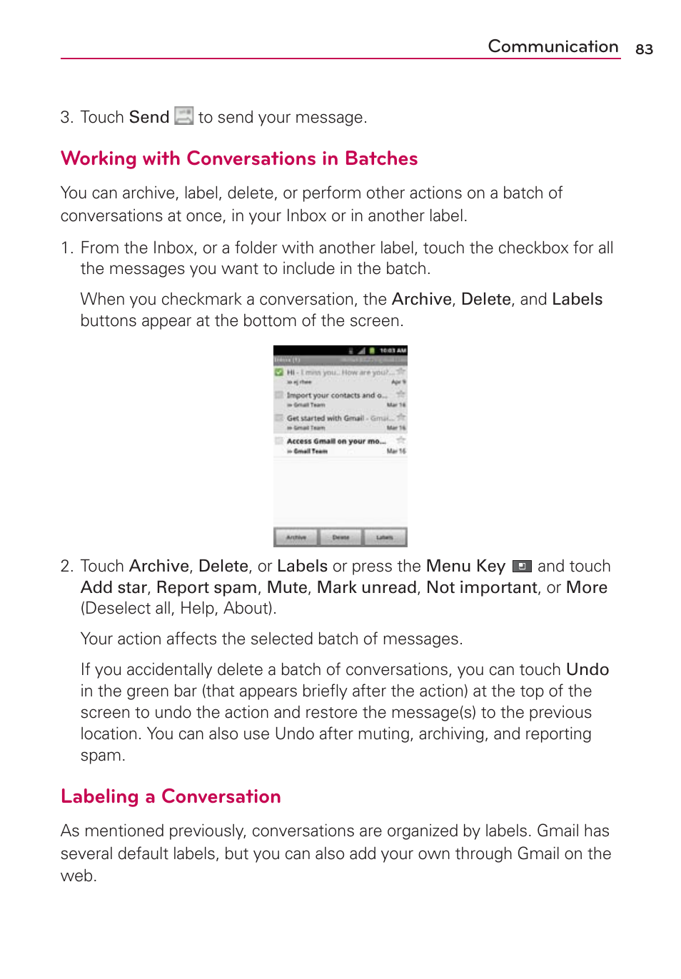 Working with conversations in batches, Labeling a conversation | LG AS680 User Manual | Page 85 / 182