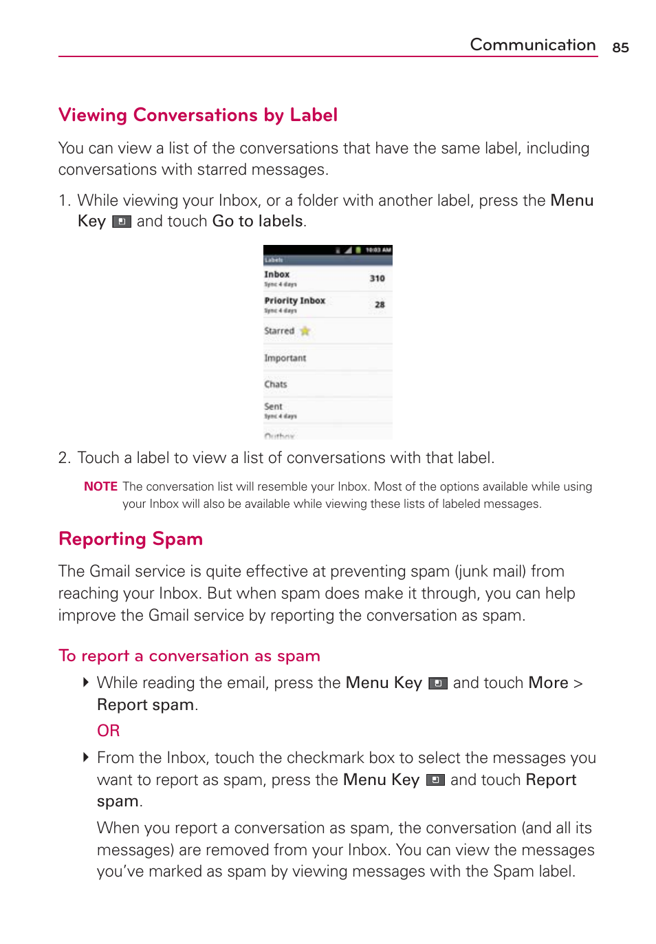 Viewing conversations by label, Reporting spam | LG AS680 User Manual | Page 87 / 182