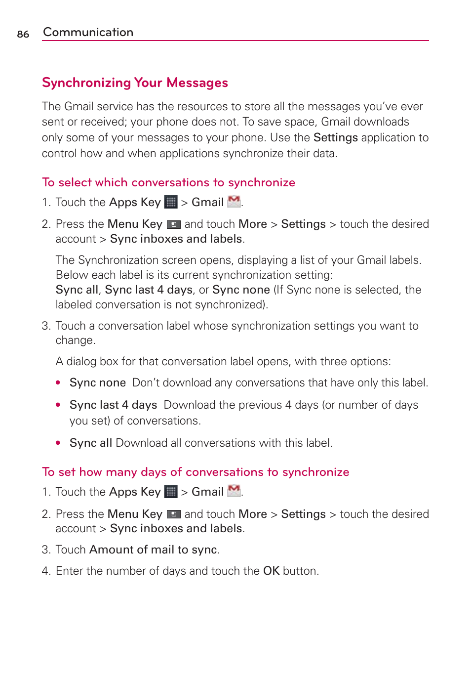 Synchronizing your messages, Communication | LG AS680 User Manual | Page 88 / 182