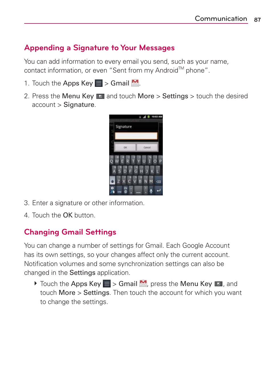 Appending a signature to your messages, Changing gmail settings | LG AS680 User Manual | Page 89 / 182