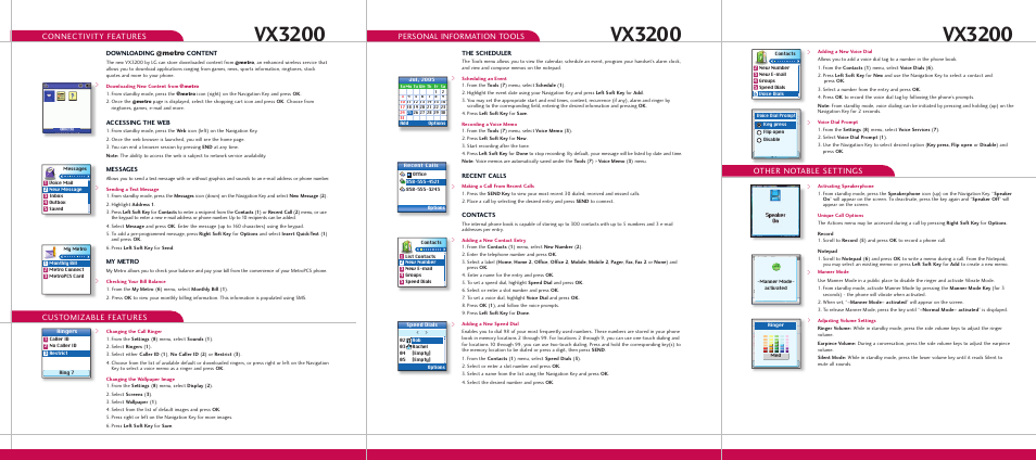 Vx3200, Connectivity features customizable features, Personal information tools | Other notable settings, Metro, Downloading, Content, Accessing the web, Messages, My metro | LG VX3200 User Manual | Page 5 / 6