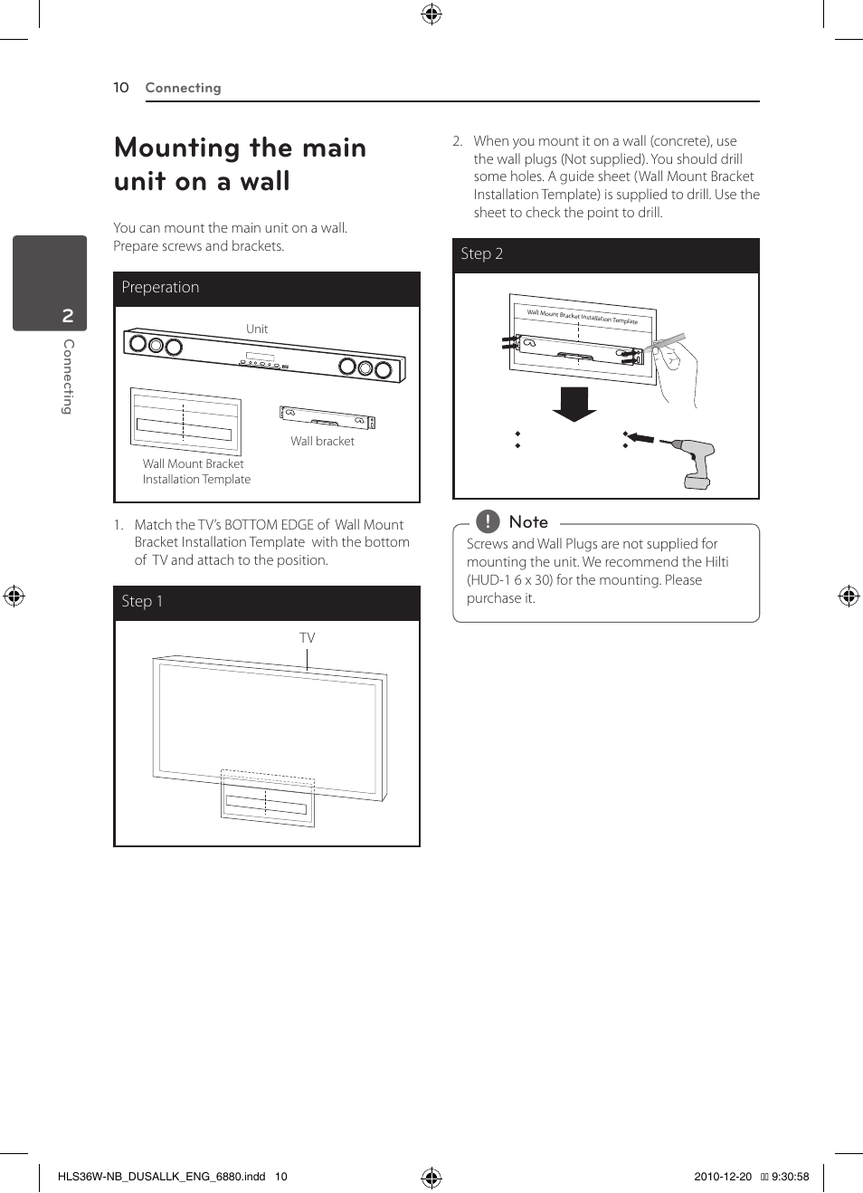 Mounting the main unit on a wall | LG SPEAKER SOUND BAR SHS36-D User Manual | Page 10 / 28