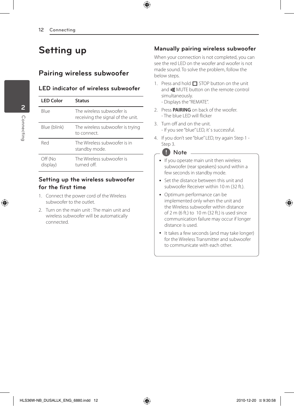 Setting up, Pairing wireless subwoofer | LG SPEAKER SOUND BAR SHS36-D User Manual | Page 12 / 28