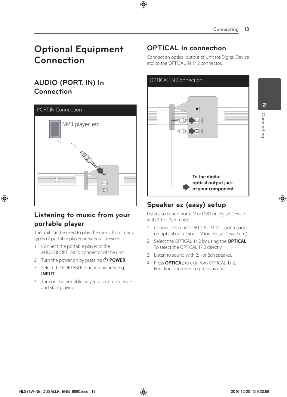 Optional equipment connection, Audio (port. in) in connection, Listening to music from your portable player | Optical in connection, Speaker ez (easy) setup | LG SPEAKER SOUND BAR SHS36-D User Manual | Page 13 / 28