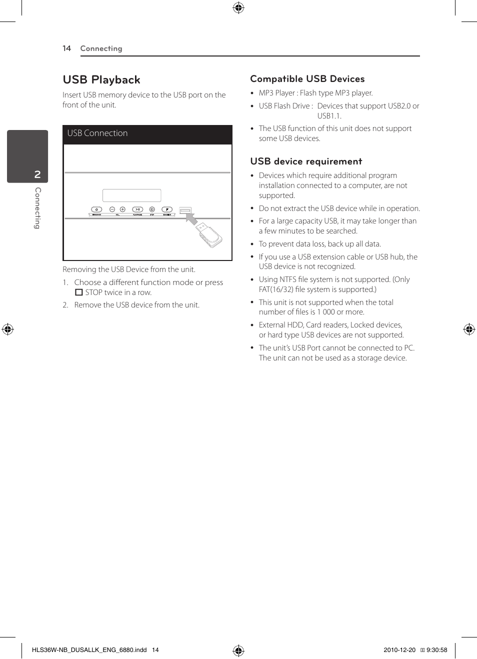 Usb playback, Compatible usb devices, Usb device requirement | LG SPEAKER SOUND BAR SHS36-D User Manual | Page 14 / 28