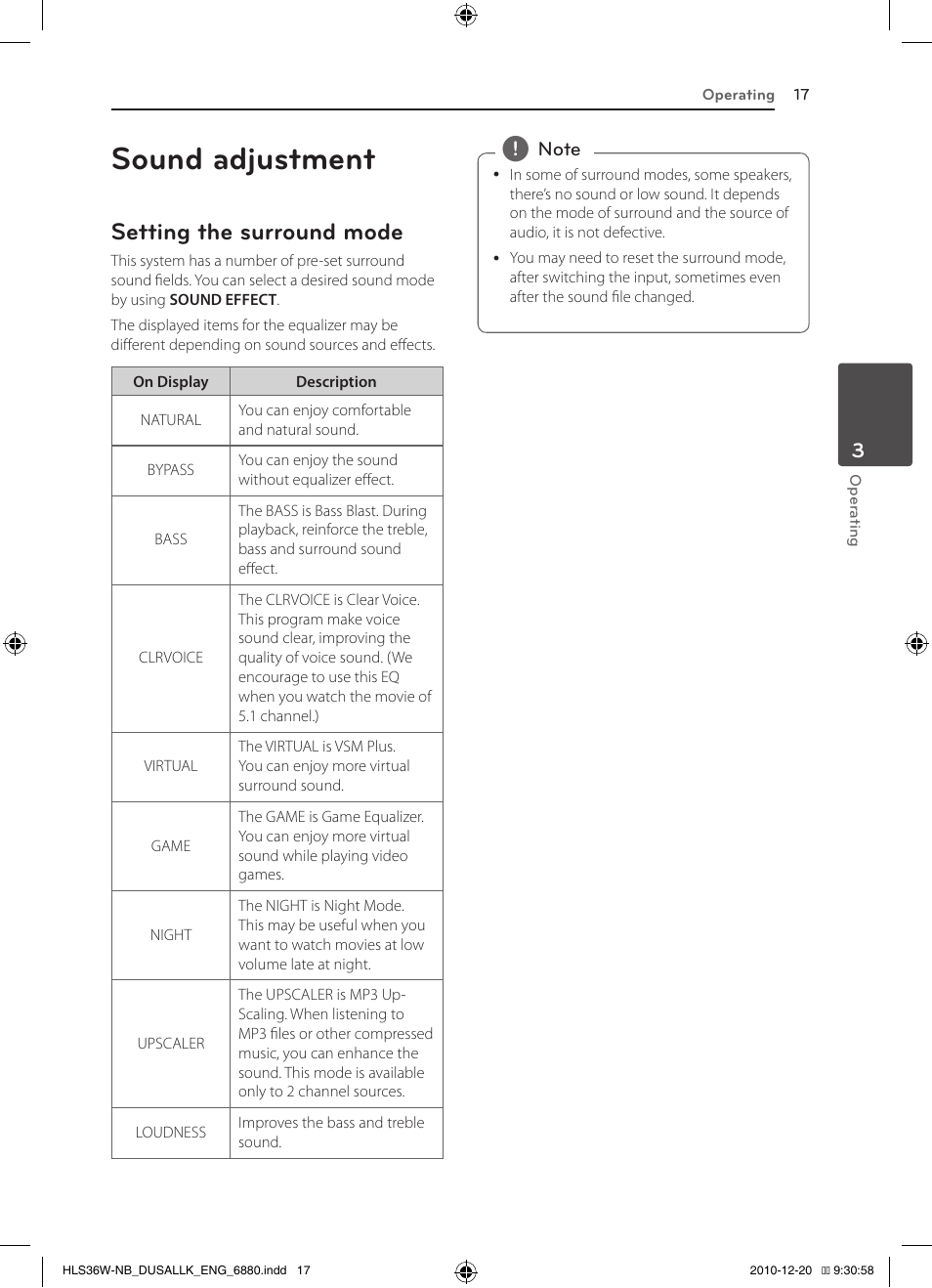 Sound adjustment, Setting the surround mode | LG SPEAKER SOUND BAR SHS36-D User Manual | Page 17 / 28