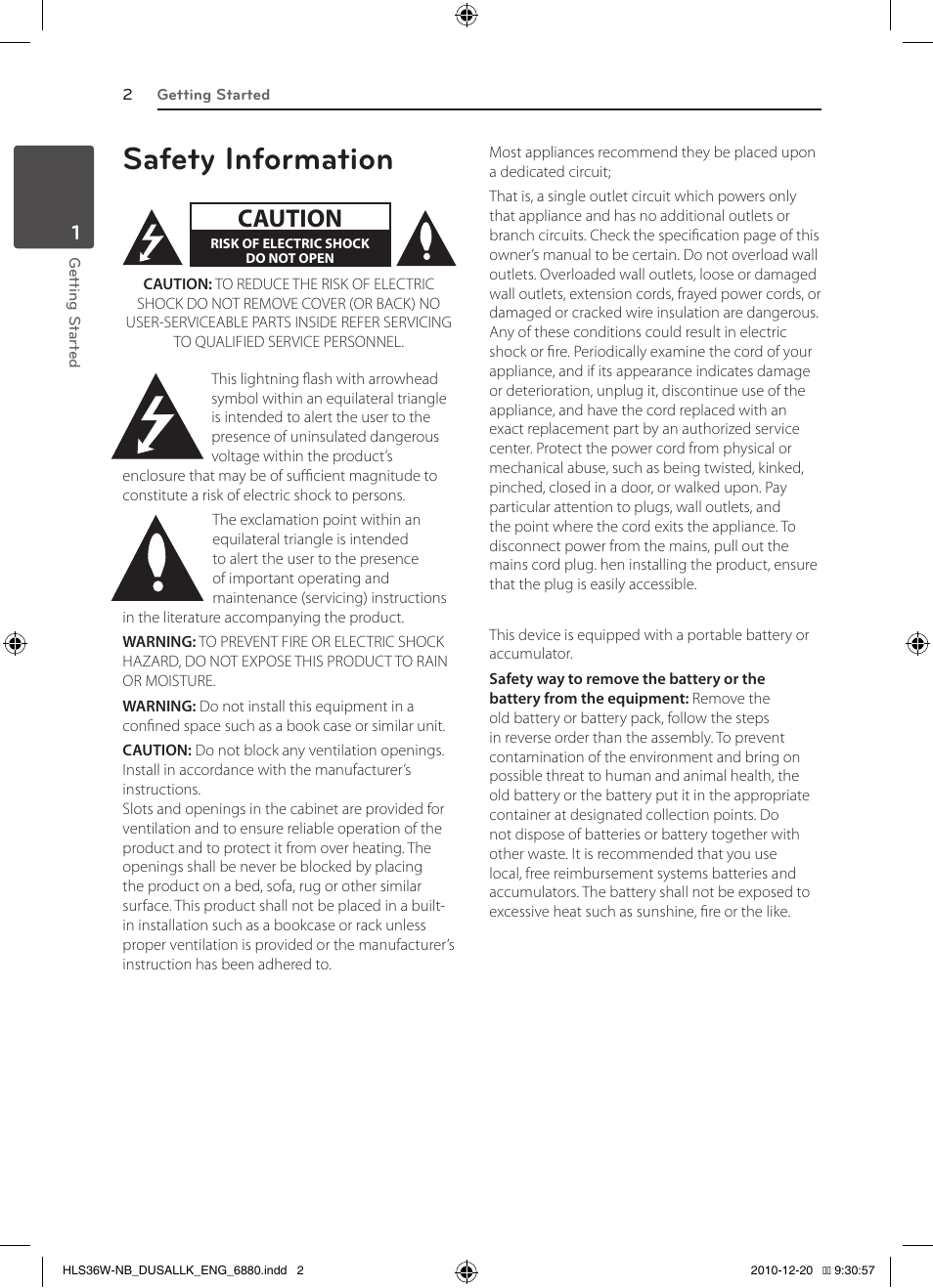 Safety information, Caution | LG SPEAKER SOUND BAR SHS36-D User Manual | Page 2 / 28