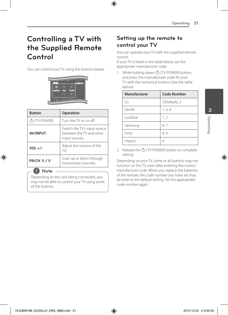 Controlling a tv with the supplied remote control, Setting up the remote to control your tv | LG SPEAKER SOUND BAR SHS36-D User Manual | Page 21 / 28