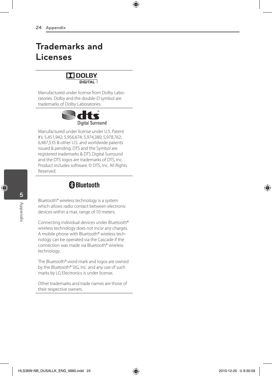 Trademarks and licenses | LG SPEAKER SOUND BAR SHS36-D User Manual | Page 24 / 28