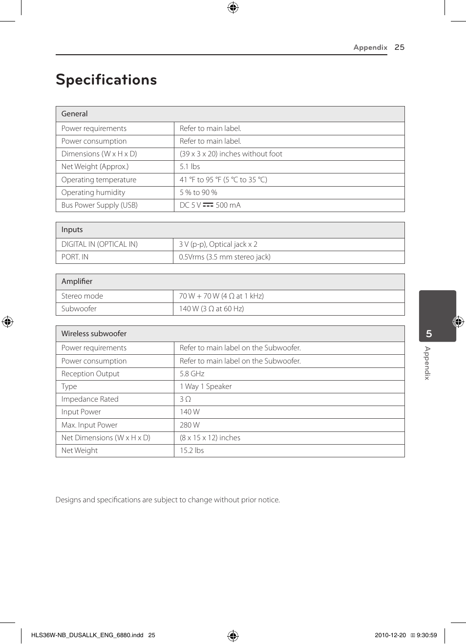 Specifications | LG SPEAKER SOUND BAR SHS36-D User Manual | Page 25 / 28