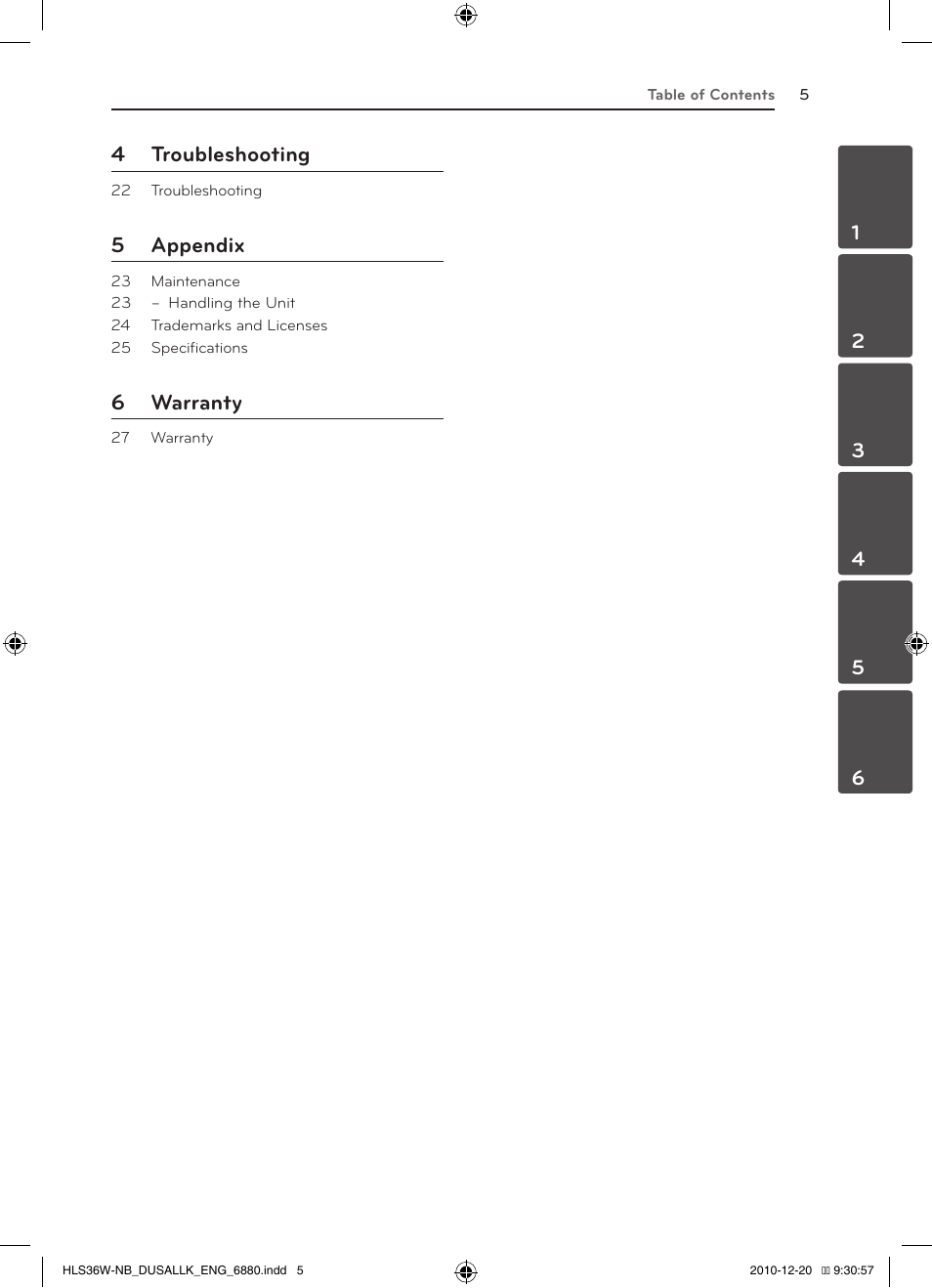 4 troubleshooting, 5 appendix, 6 warranty | LG SPEAKER SOUND BAR SHS36-D User Manual | Page 5 / 28