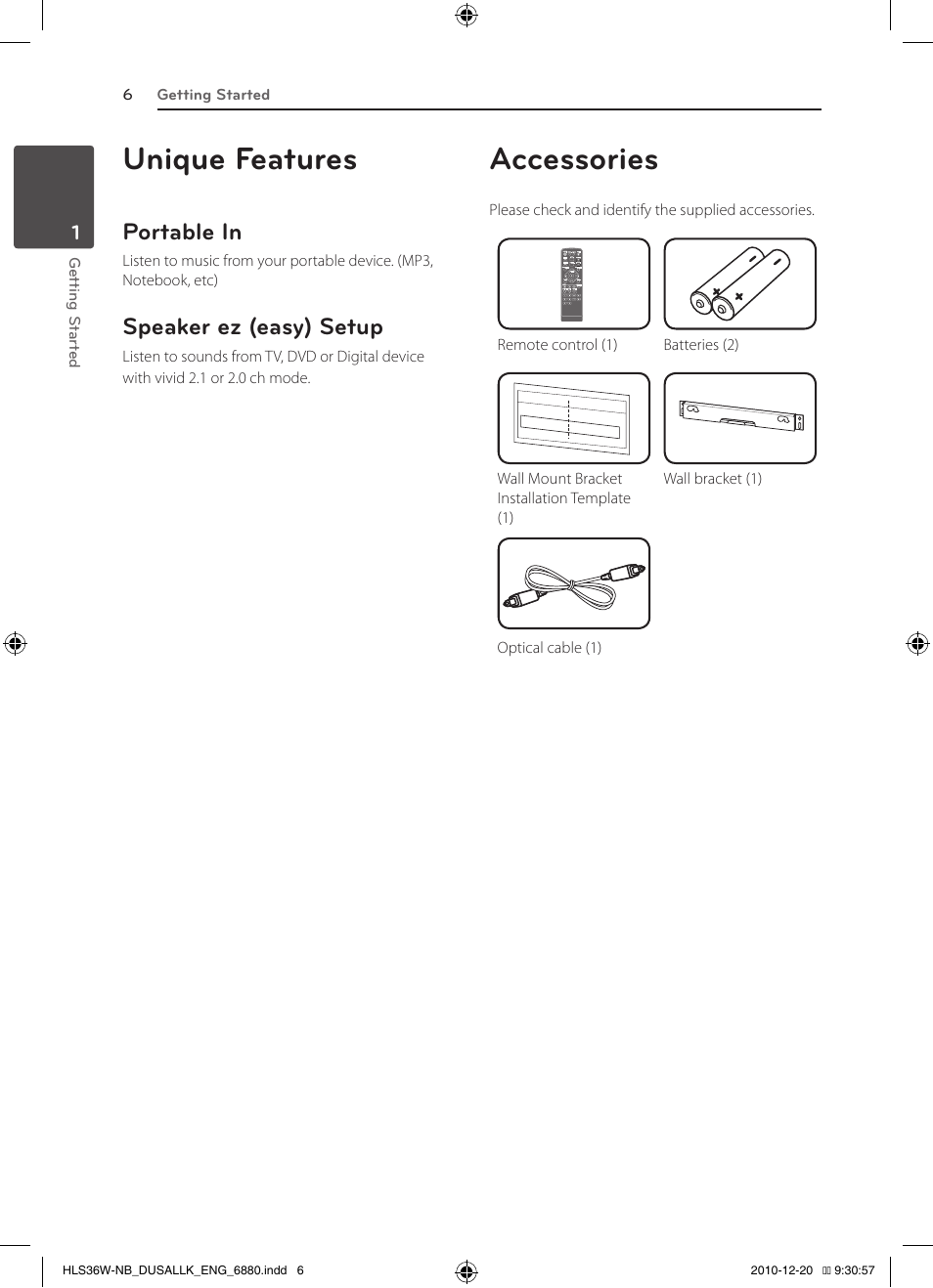 Unique features, Accessories, Portable in | Speaker ez (easy) setup | LG SPEAKER SOUND BAR SHS36-D User Manual | Page 6 / 28