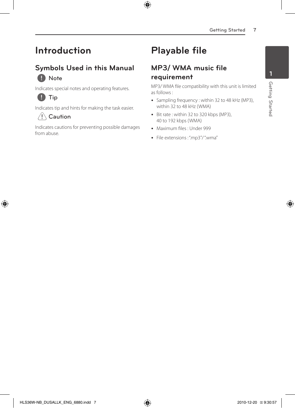 Introduction, Playable file, Symbols used in this manual | Mp3/ wma music file requirement | LG SPEAKER SOUND BAR SHS36-D User Manual | Page 7 / 28