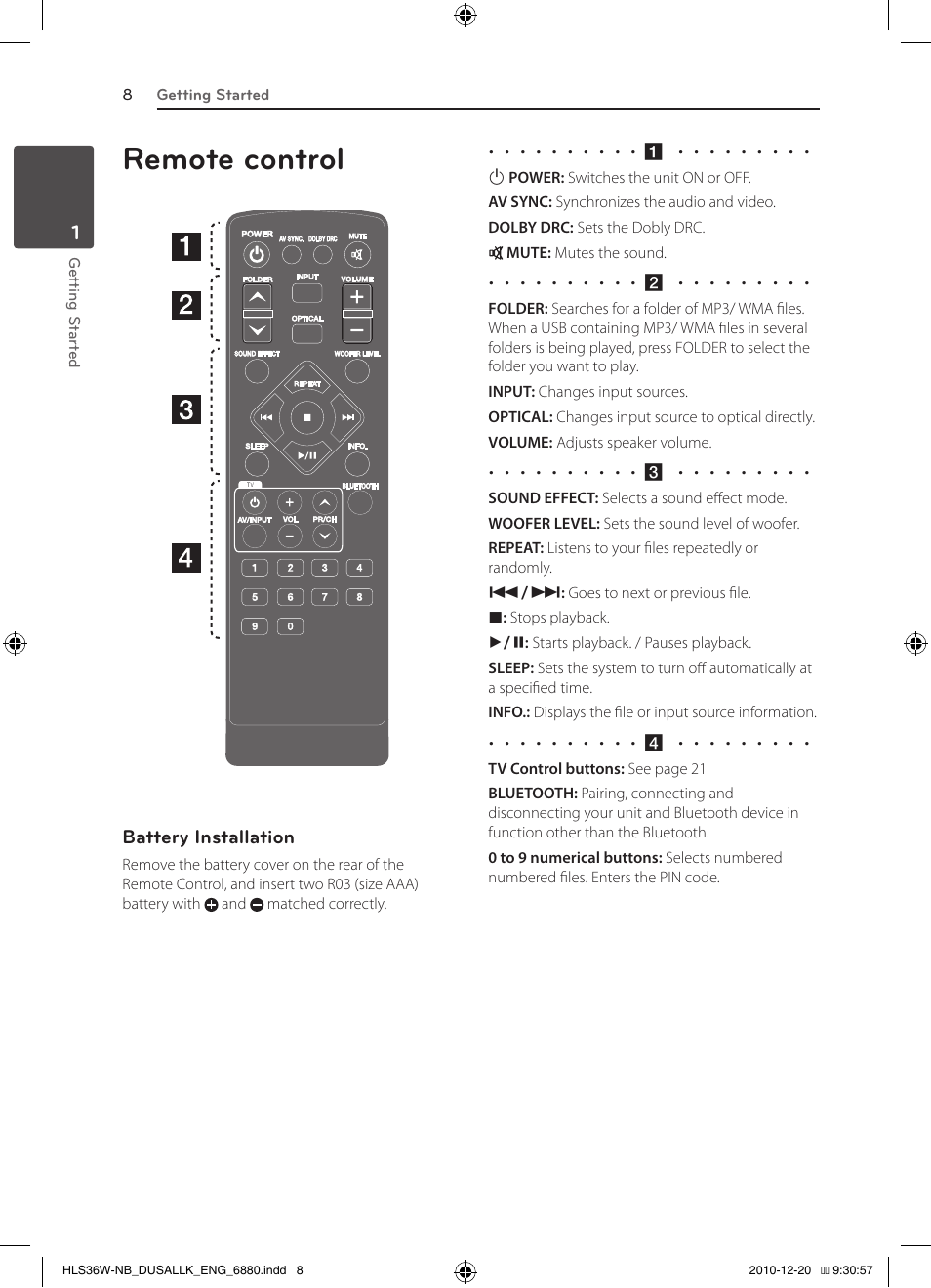 Remote control | LG SPEAKER SOUND BAR SHS36-D User Manual | Page 8 / 28