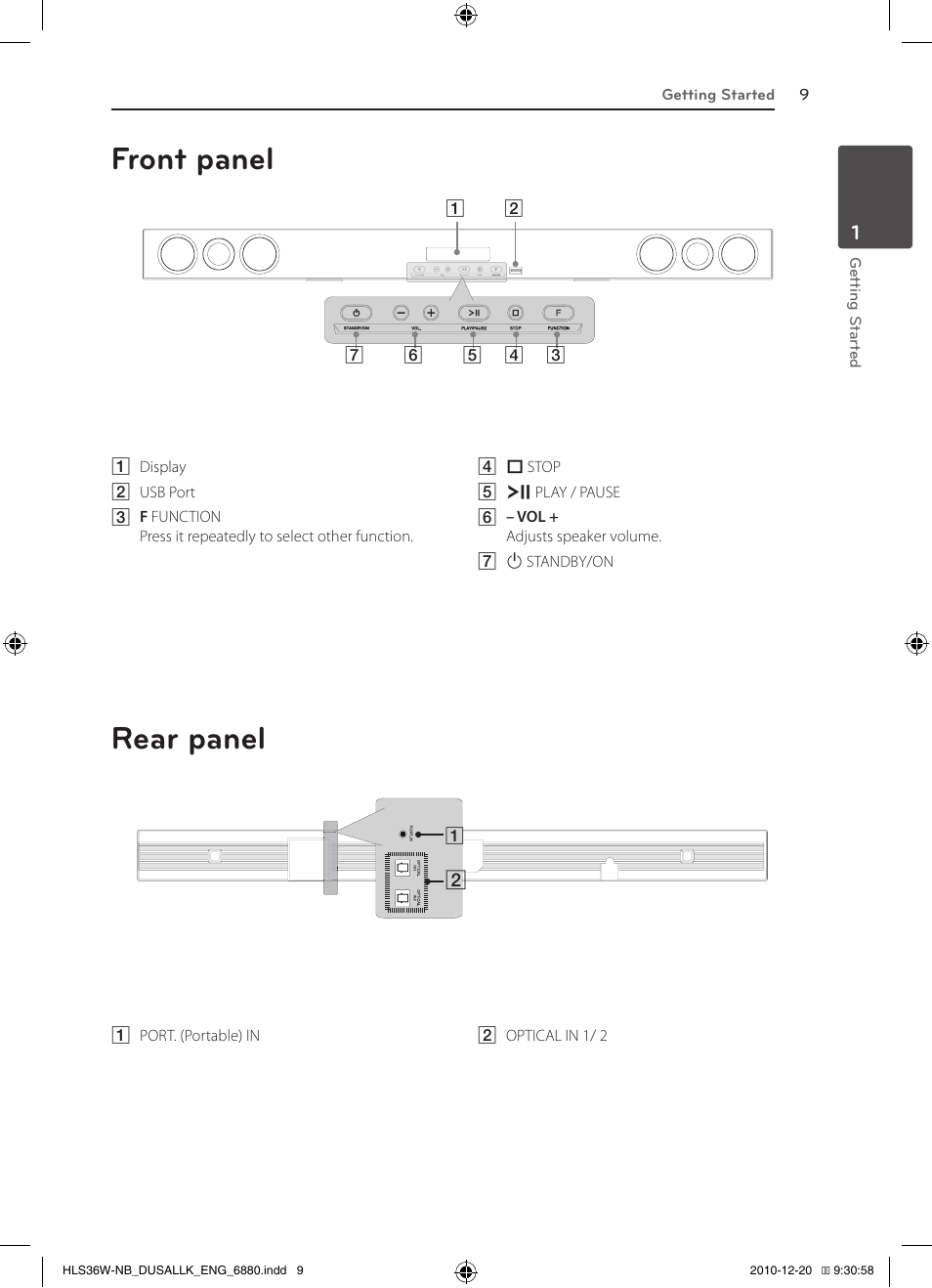 Front panel, Rear panel | LG SPEAKER SOUND BAR SHS36-D User Manual | Page 9 / 28