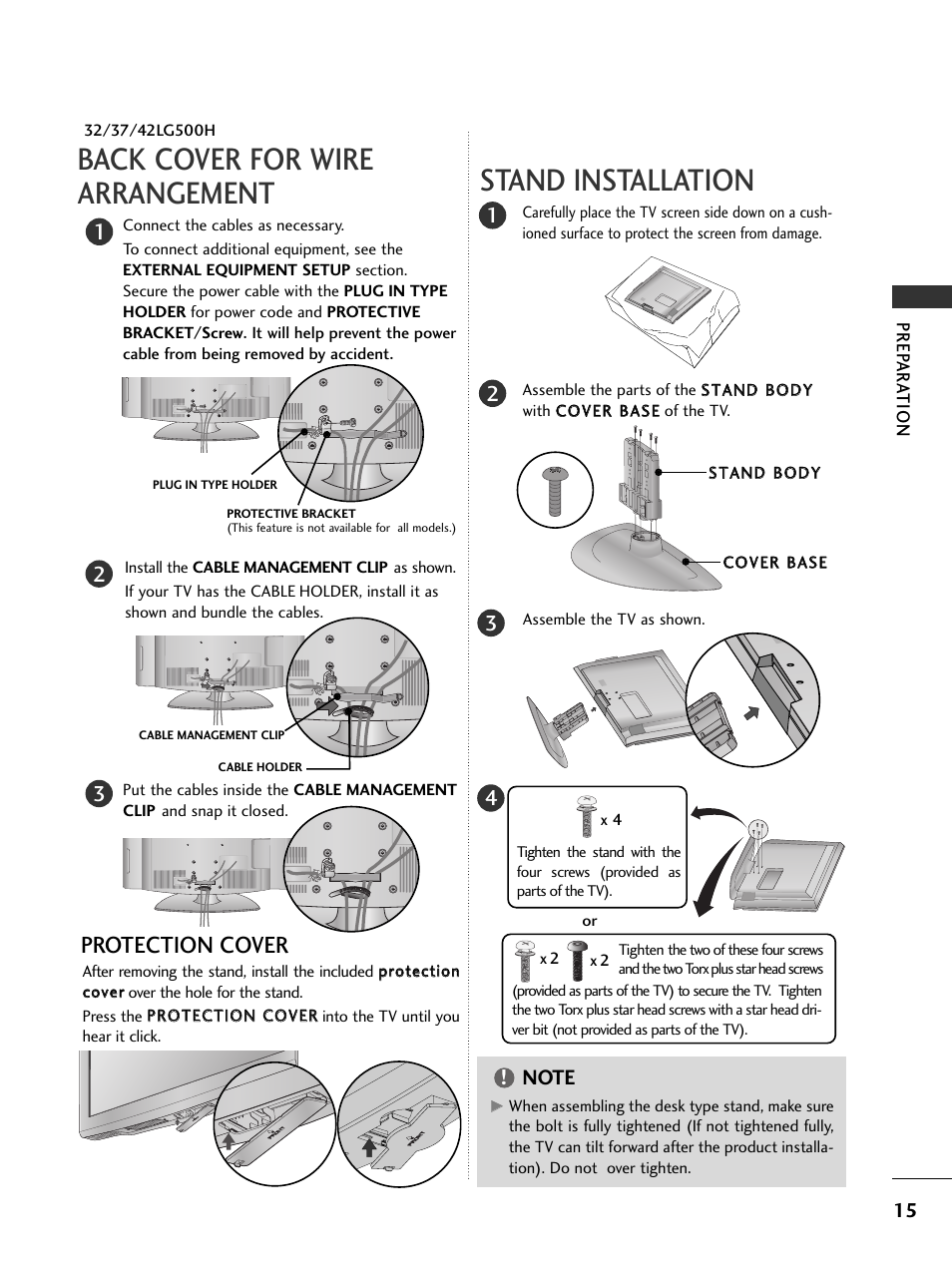 Protection cover, Stand installation, Stand installation back cover for wire arrangement | LG 32LC5DCS User Manual | Page 17 / 90