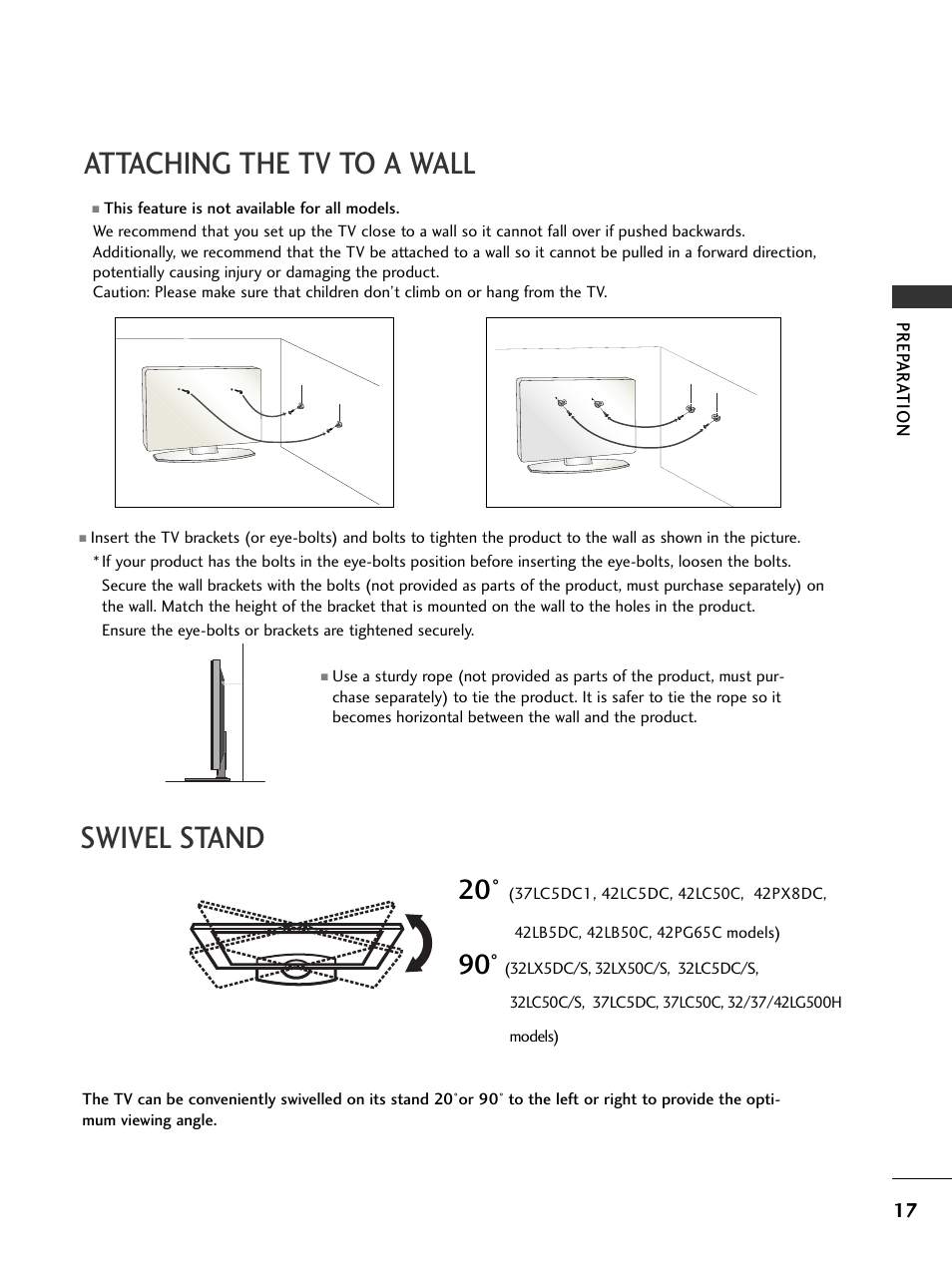 Attaching the tv to a wall, Swivel stand | LG 32LC5DCS User Manual | Page 19 / 90