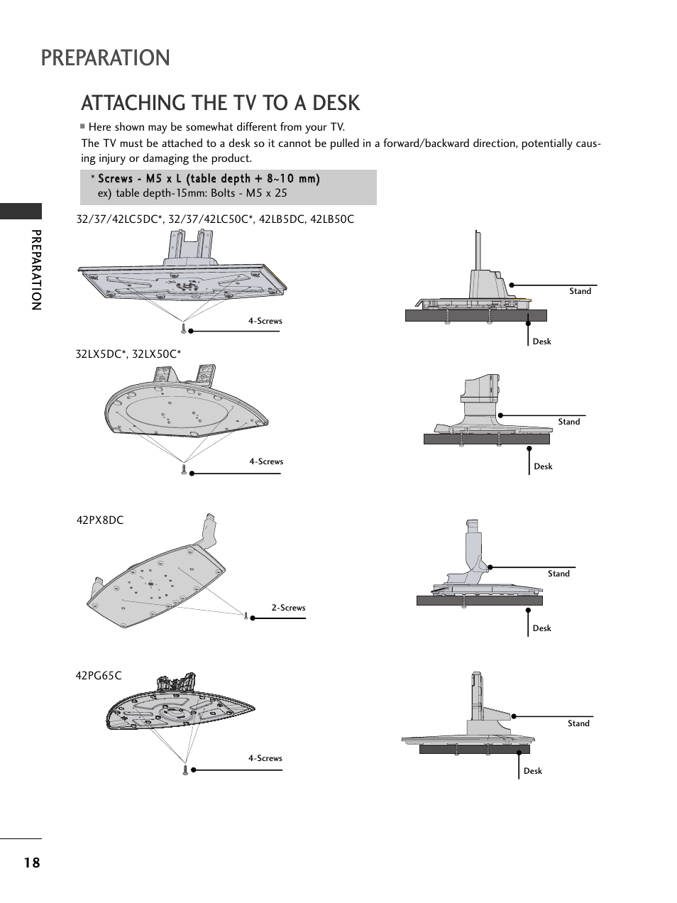 Attaching the tv to a desk, Preparation | LG 32LC5DCS User Manual | Page 20 / 90