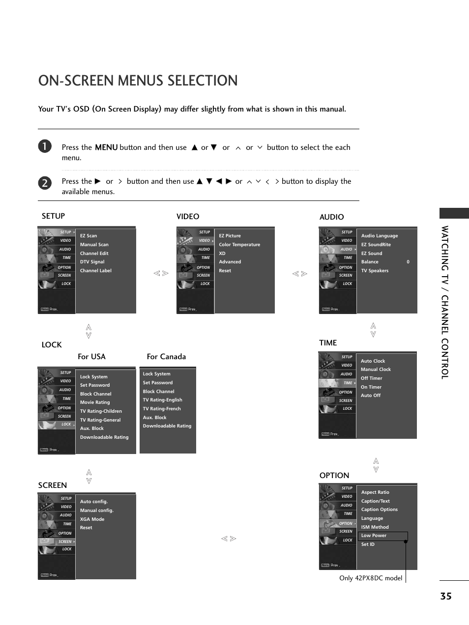 On-screen menus selection, Wa tching tv / channel contr ol, Press the m me en nu u button and then use | Or button to select the each menu. press the, Or button and then use, Setup video screen time audio, Lock, Option, For usa for canada | LG 32LC5DCS User Manual | Page 37 / 90