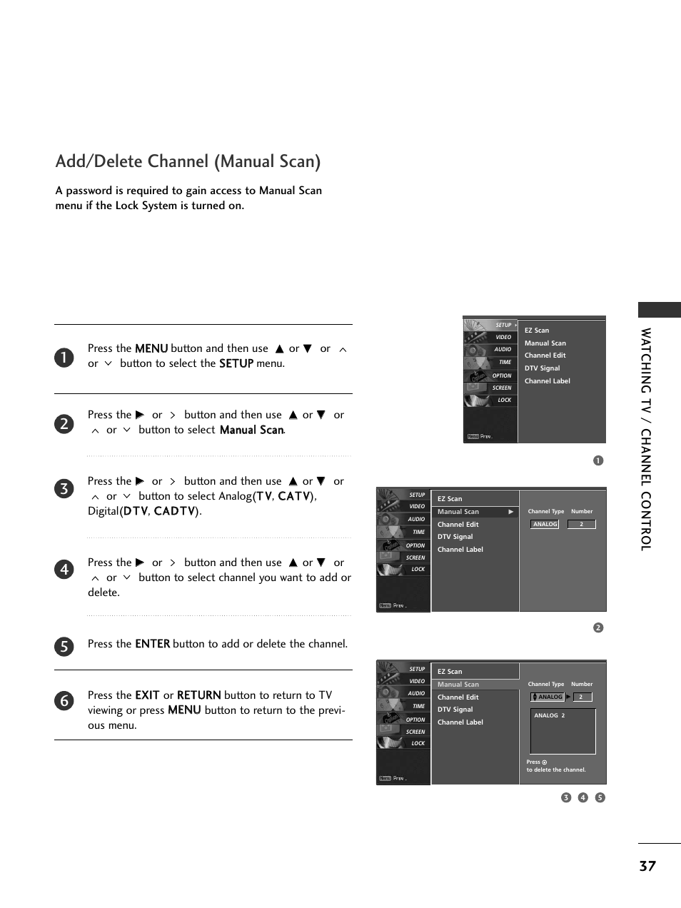 Add/delete channel (manual scan), Wa tching tv / channel contr ol | LG 32LC5DCS User Manual | Page 39 / 90