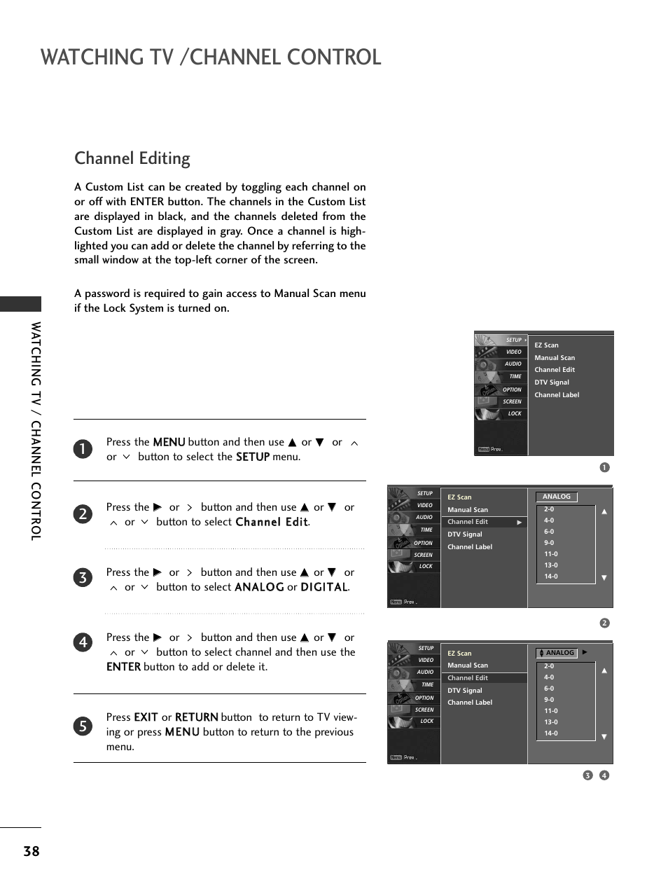 Channel editing, Watching tv /channel control, Wa tching tv / channel contr ol | LG 32LC5DCS User Manual | Page 40 / 90