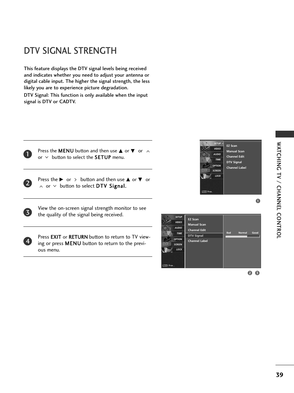 Dtv signal strength, Wa tching tv / channel contr ol | LG 32LC5DCS User Manual | Page 41 / 90