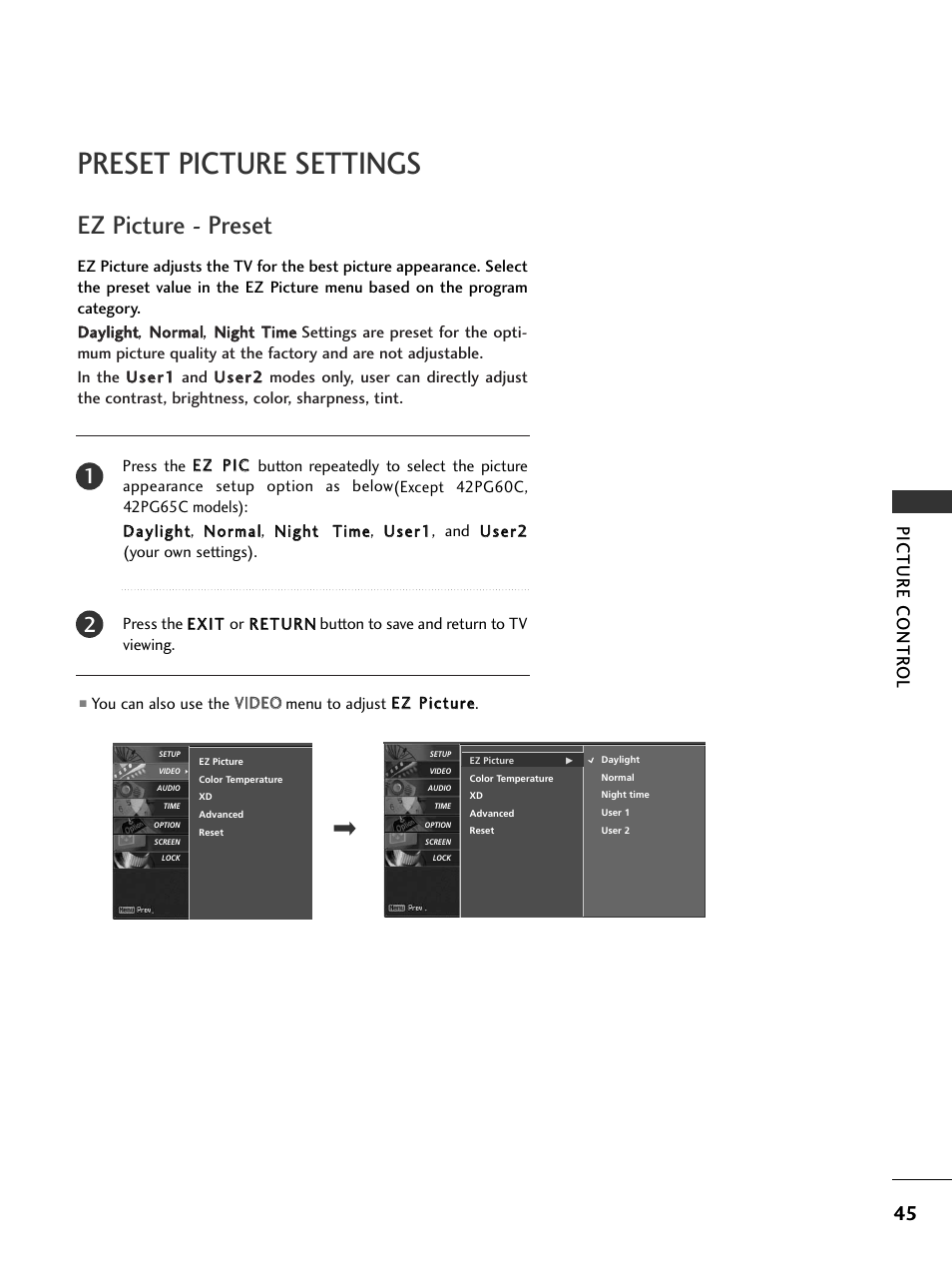 Preset picture settings, Ez picture - preset, Picture contr ol | LG 32LC5DCS User Manual | Page 47 / 90