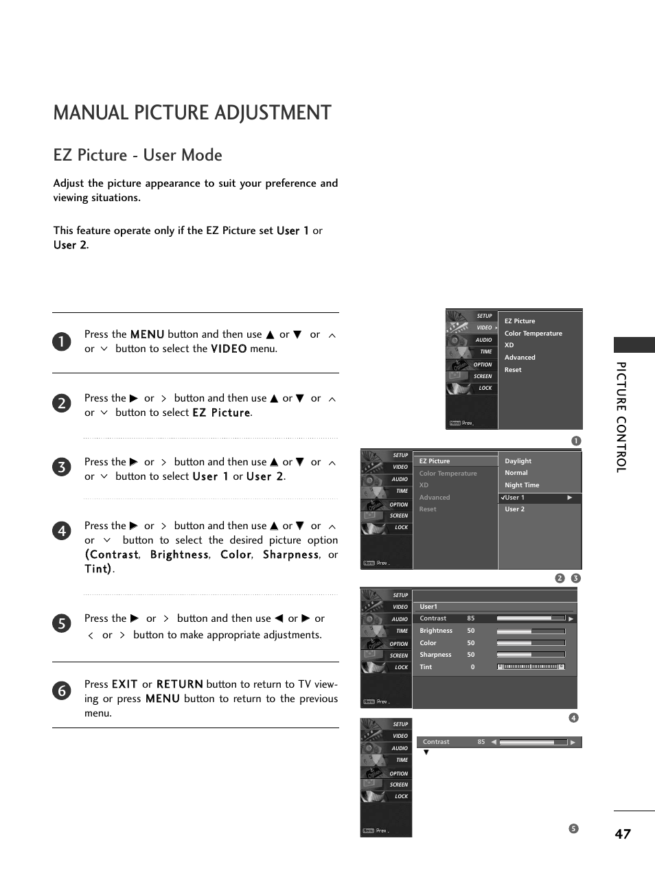 Manual picture adjustment, Ez picture - user mode, Picture contr ol | LG 32LC5DCS User Manual | Page 49 / 90