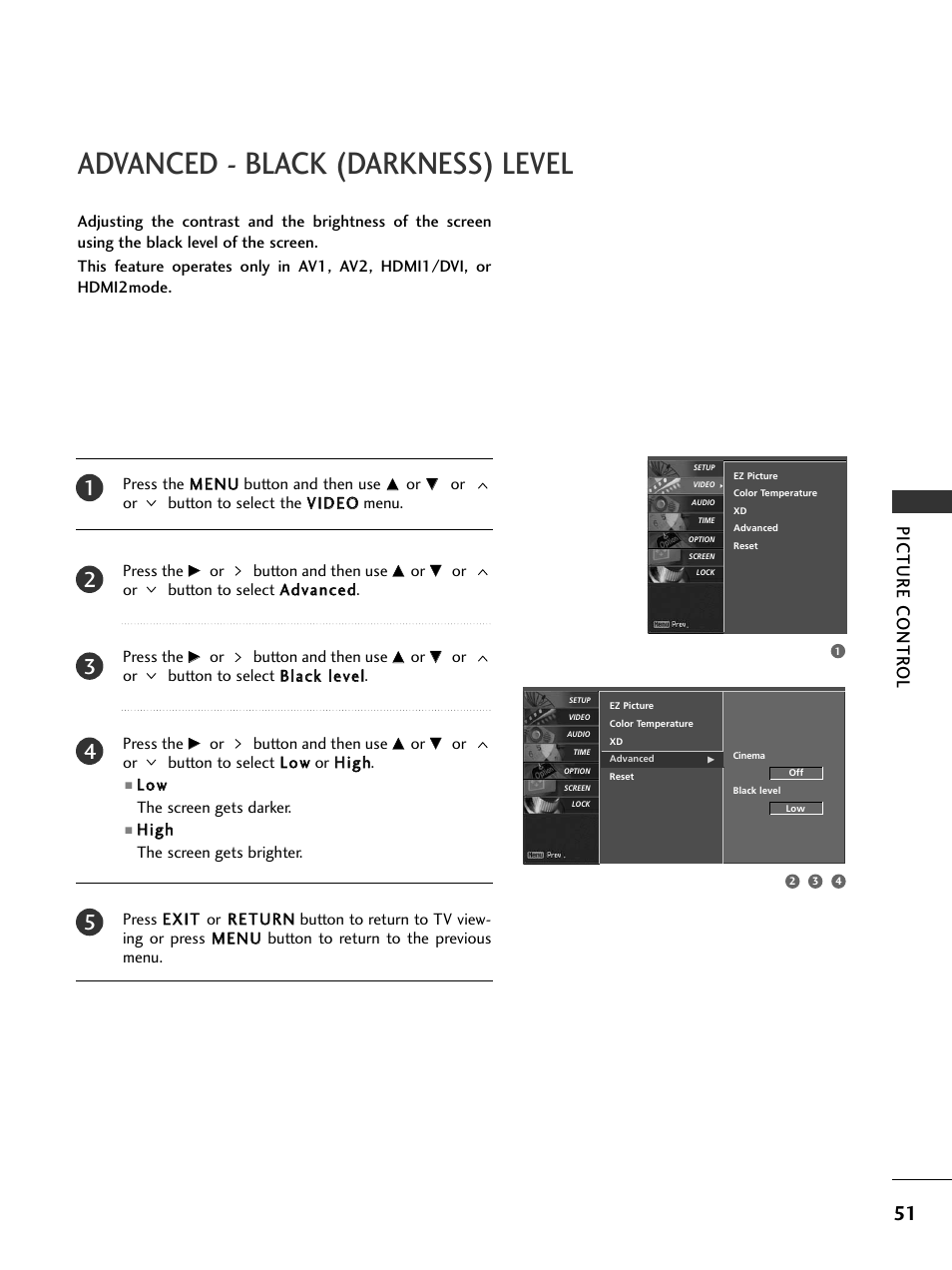 Advanced - black (darkness) level, Picture contr ol | LG 32LC5DCS User Manual | Page 53 / 90