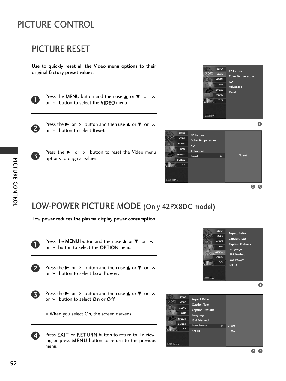 Picture reset, Low-power picture mode (only plasma tv model), Picture control | Low-power picture mode, Only 42px8dc model), Picture contr ol | LG 32LC5DCS User Manual | Page 54 / 90