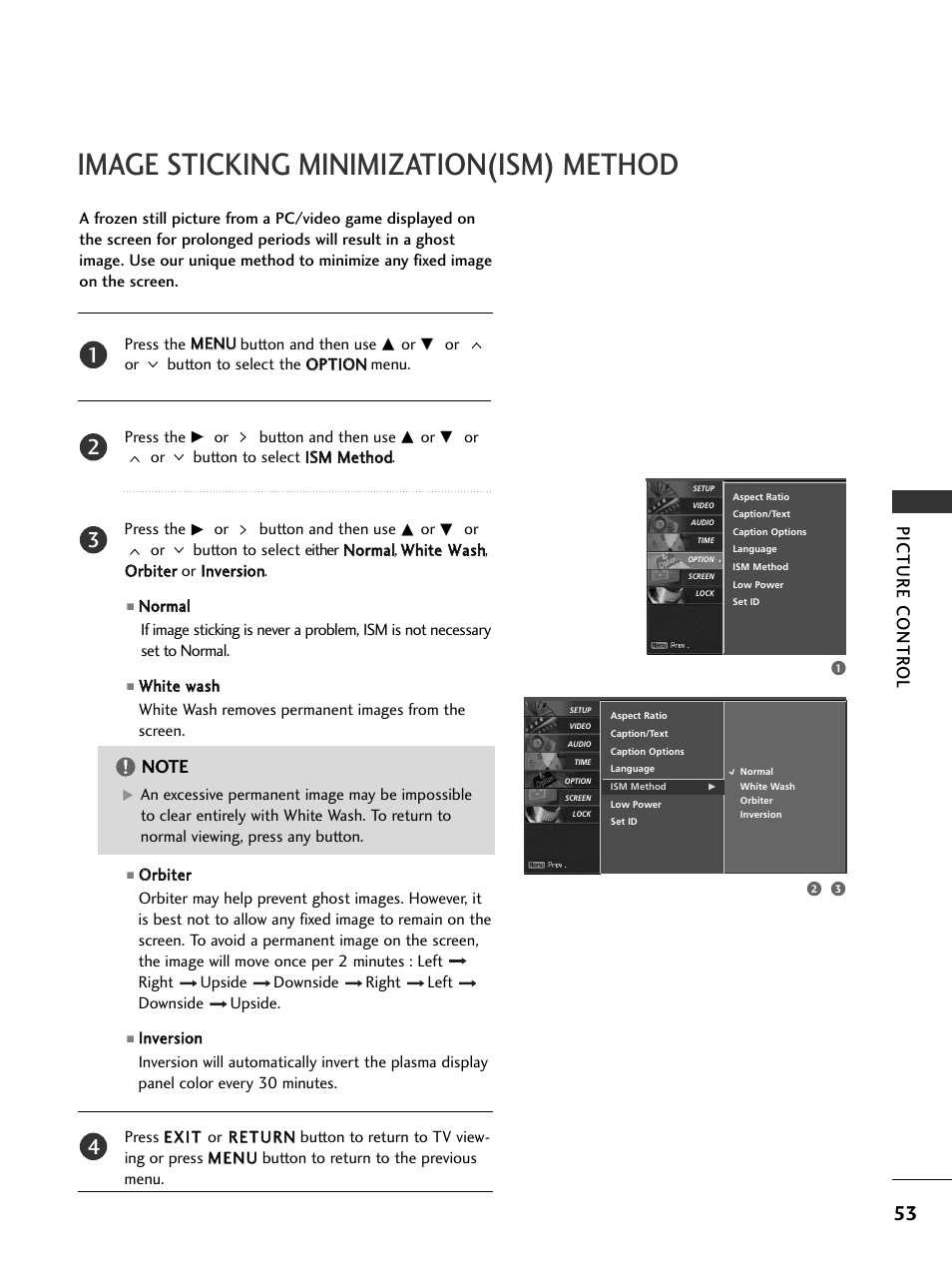 Image sticking minimization(ism) method, Picture contr ol | LG 32LC5DCS User Manual | Page 55 / 90