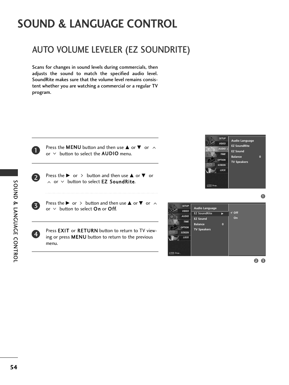 Sound & language control, Auto volume leveler (ez soundrite), Sound & langu a ge contr ol | LG 32LC5DCS User Manual | Page 56 / 90